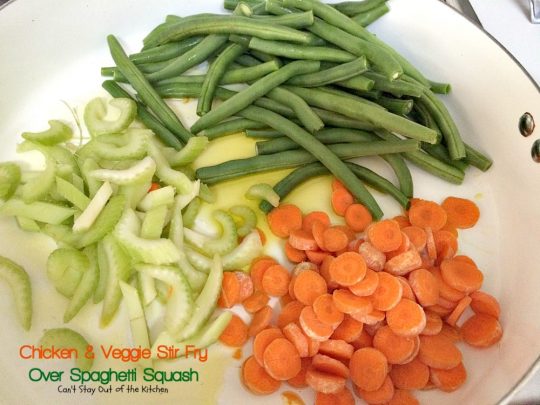 Chicken & Veggie Stir-Fry Over Spaghetti Squash | Can't Stay Out of the Kitchen | fabulous #stirfry dish with #chicken and a ton of #veggies. Healthy, #lowcalorie and #glutenfree.