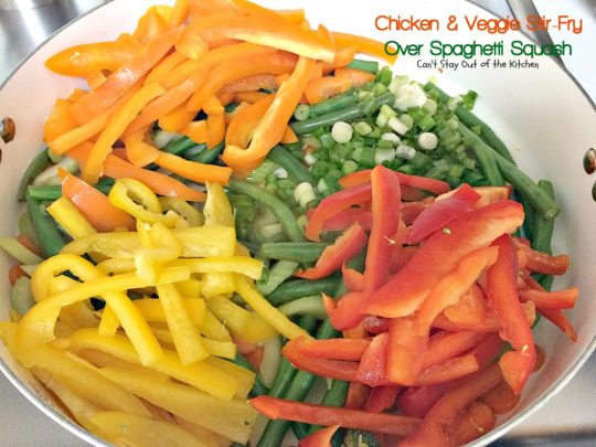 Chicken & Veggie Stir-Fry Over Spaghetti Squash | Can't Stay Out of the Kitchen | fabulous #stirfry dish with #chicken and a ton of #veggies. Healthy, #lowcalorie and #glutenfree.