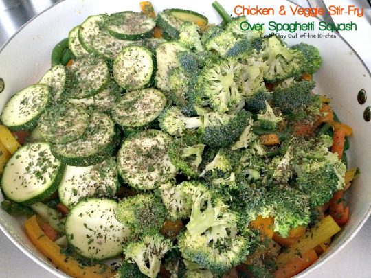 Chicken & Veggie Stir-Fry Over Spaghetti Squash | Can't Stay Out of the Kitchen | fabulous #stirfry dish with #chicken and a ton of #veggies. Healthy, #lowcalorie and #glutenfree.