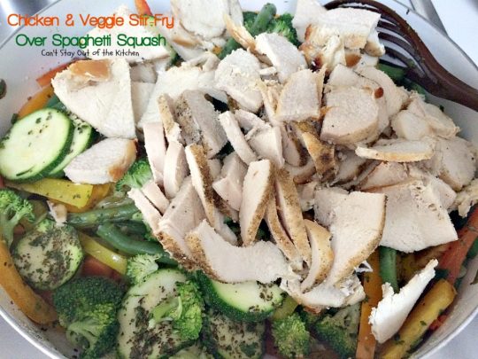 Chicken & Veggie Stir-Fry Over Spaghetti Squash | Can't Stay Out of the Kitchen | fabulous #stirfry dish with #chicken and a ton of #veggies. Healthy, #lowcalorie and #glutenfree.