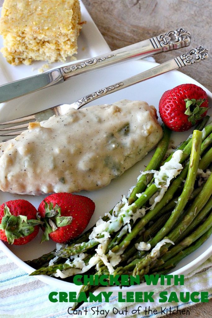 Chicken with Creamy Leek Sauce | Can't Stay Out of the Kitchen | this delicious #chicken #recipe is cooked with a heavenly #LeekSauce. It's quick & easy to prepare & uses only a handful of ingredients. Wonderful for company or #holiday dinners. #ChickenWithCreamyLeekSauce #leeks #KnorrsLeekSoupMix #EasyChickenRecipe #HolidayDinner