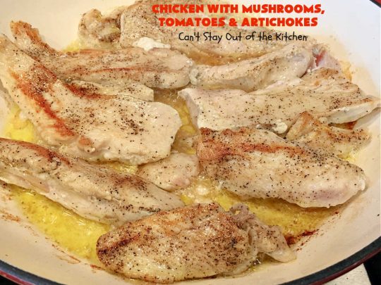 Chicken with Mushrooms, Tomatoes and Artichokes | Can't Stay Out of the Kitchen | this scrumptious one-dish #chicken skillet dinner is the perfect entree for weeknights. It only takes about 30 minutes, plus it's #healthy, #LowCalorie #CleanEating & #GlutenFree. #tomatoes #mushrooms #artichokes #30MinuteMeal #EasyOneDishMeal #ChickenWithMushroomsTomatoesAndArtichokes