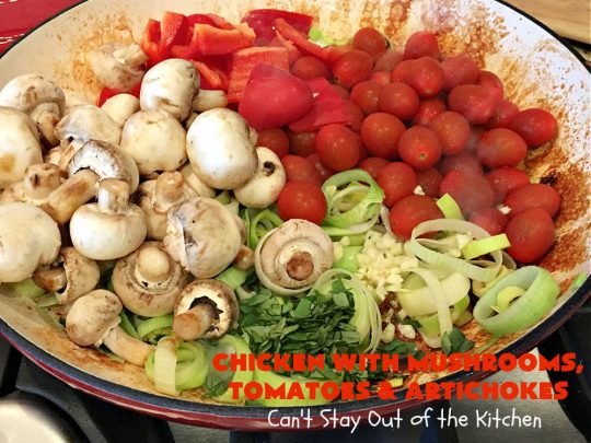 Chicken with Mushrooms, Tomatoes and Artichokes | Can't Stay Out of the Kitchen | this scrumptious one-dish #chicken skillet dinner is the perfect entree for weeknights. It only takes about 30 minutes, plus it's #healthy, #LowCalorie #CleanEating & #GlutenFree. #tomatoes #mushrooms #artichokes #30MinuteMeal #EasyOneDishMeal #ChickenWithMushroomsTomatoesAndArtichokes