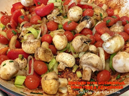 Chicken with Mushrooms, Tomatoes and Artichokes | Can't Stay Out of the Kitchen | this scrumptious one-dish #chicken skillet dinner is the perfect entree for weeknights. It only takes about 30 minutes, plus it's #healthy, #LowCalorie #CleanEating & #GlutenFree. #tomatoes #mushrooms #artichokes #30MinuteMeal #EasyOneDishMeal #ChickenWithMushroomsTomatoesAndArtichokes