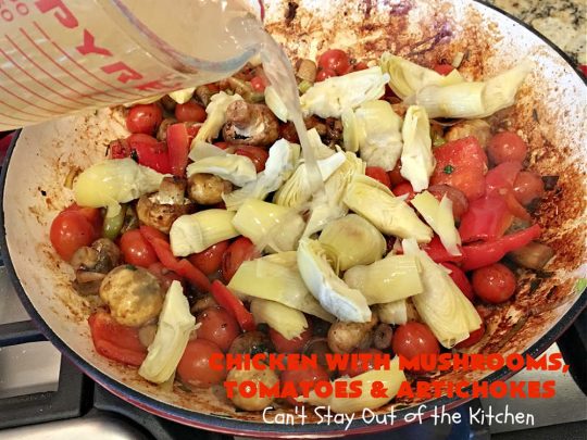 Chicken with Mushrooms, Tomatoes and Artichokes | Can't Stay Out of the Kitchen | this scrumptious one-dish #chicken skillet dinner is the perfect entree for weeknights. It only takes about 30 minutes, plus it's #healthy, #LowCalorie #CleanEating & #GlutenFree. #tomatoes #mushrooms #artichokes #30MinuteMeal #EasyOneDishMeal #ChickenWithMushroomsTomatoesAndArtichokes