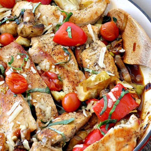 Chicken with Mushrooms, Tomatoes and Artichokes | Can't Stay Out of the Kitchen | this scrumptious one-dish #chicken skillet dinner is the perfect entree for weeknights. It only takes about 30 minutes, plus it's #healthy, #LowCalorie #CleanEating & #GlutenFree. #tomatoes #mushrooms #artichokes #30MinuteMeal #EasyOneDishMeal #ChickenWithMushroomsTomatoesAndArtichokes