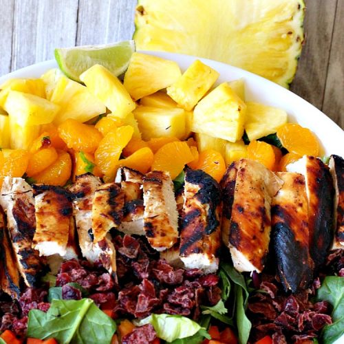 Chili's Caribbean Salad Copycat Recipe with Honey-Lime Dressing | Can't Stay Out of the Kitchen | this is a spectacular #CopyCat #recipe of this favorite #salad. The #SaladDressing is also fantastic. #GlutenFree #chicken #pineapple #MandarinOranges #HoneyLimeDressing #ChilisCaribbeanSalad #ChilisCaribbeanSaladCopycatRecipeWithHoneyLimeDressing