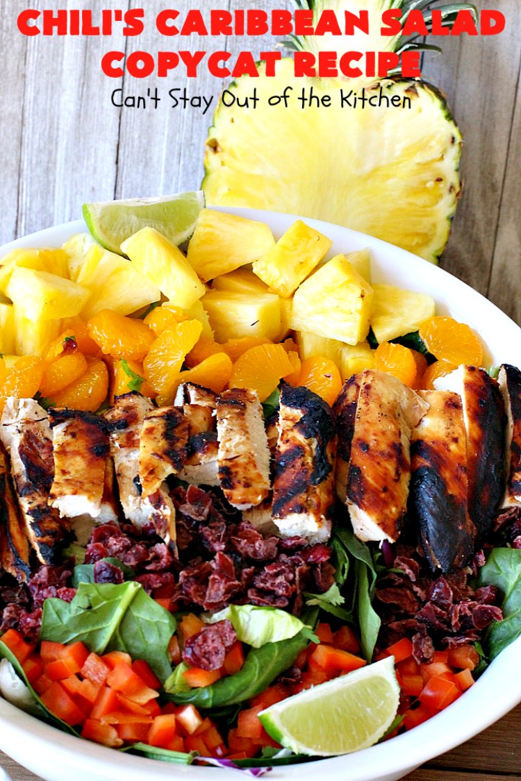 Chili's Caribbean Salad Copycat Recipe with Honey-Lime Dressing | Can't Stay Out of the Kitchen | this is a spectacular #CopyCat #recipe of this favorite #salad. The #SaladDressing is also fantastic. #GlutenFree #chicken #pineapple #MandarinOranges #HoneyLimeDressing #ChilisCaribbeanSalad #ChilisCaribbeanSaladCopycatRecipeWithHoneyLimeDressing