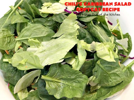Chili's Caribbean Salad Copycat Recipe with Honey-Lime Dressing | Can't Stay Out of the Kitchen | this is a spectacular #CopyCat #recipe of this favorite #salad. The #SaladDressing is also fantastic. #GlutenFree #chicken #pineapple #MandarinOranges #HoneyLimeDressing #ChilisCaribbeanSalad #ChilisCaribbeanSaladCopycatRecipeWithHoneyLimeDressing