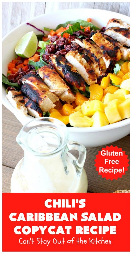 Chili's Caribbean Salad Copycat Recipe with Honey-Lime Dressing | Can't Stay Out of the Kitchen | this is a spectacular #CopyCat #recipe of this favorite #salad. The #SaladDressing is also fantastic. #GlutenFree #chicken #pineapple #MandarinOranges #HoneyLimeDressing #ChilisCaribbeanSalad #ChilisCaribbeanSaladCopycatRecipeWithHoneyLimeDressing