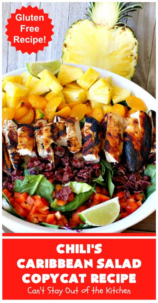 Chili's Caribbean Salad Copycat Recipe with Honey-Lime Dressing | Can't Stay Out of the Kitchen | this is a spectacular #CopyCat #recipe of this favorite #salad. The #SaladDressing is also fantastic. #GlutenFree #chicken #pineapple #MandarinOranges #HoneyLimeDressing #ChilisCaribbeanSalad #ChilisCaribbeanSaladCopycatRecipeWithHoneyLimeDressing