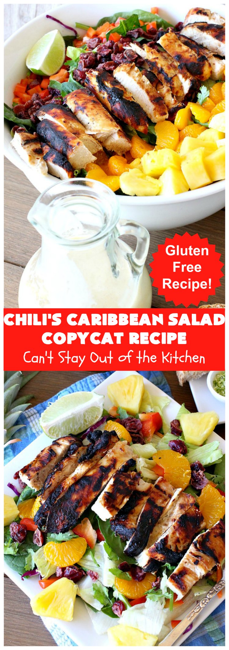 Chili's Caribbean Salad Copycat Recipe with Honey-Lime Dressing | Can't Stay Out of the Kitchen | this is a spectacular #CopyCat #recipe of this favorite #salad. The #SaladDressing is also fantastic. #GlutenFree #chicken #pineapple #MandarinOranges #HoneyLimeDressing #ChilisCaribbeanSalad #ChilisCaribbeanSaladCopycatRecipeWithHoneyLimeDressing