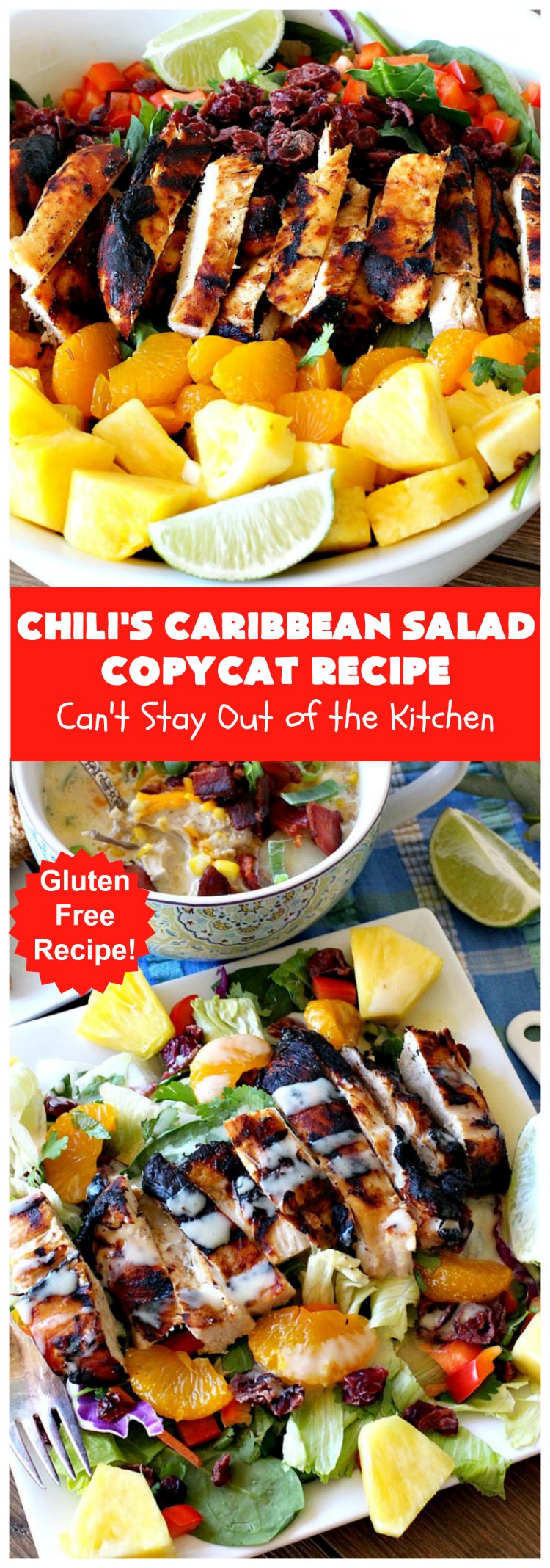 Chili's Caribbean Salad Copycat Recipe with Honey-Lime Dressing | Can't Stay Out of the Kitchen | this is a spectacular #CopyCat #recipe of this favorite #salad. The #SaladDressing is also fantastic. #GlutenFree #chicken #pineapple #MandarinOranges #HoneyLimeDressing #ChilisCaribbeanSalad #ChilisCaribbeanSaladCopycatRecipeWithHoneyLimeDressing