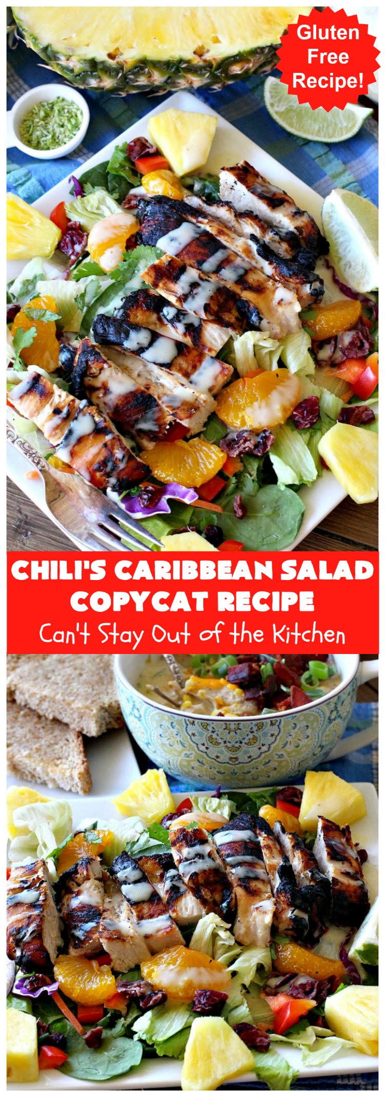 Chili's Caribbean Salad Copycat Recipe with Honey-Lime Dressing | Can't Stay Out of the Kitchen | this is a spectacular #CopyCat #recipe of this favorite #salad. The #SaladDressing is also fantastic. #GlutenFree #chicken #pineapple #MandarinOranges #HoneyLimeDressing #ChilisCaribbeanSalad #ChilisCaribbeanSaladCopycatRecipeWithHoneyLimeDressing