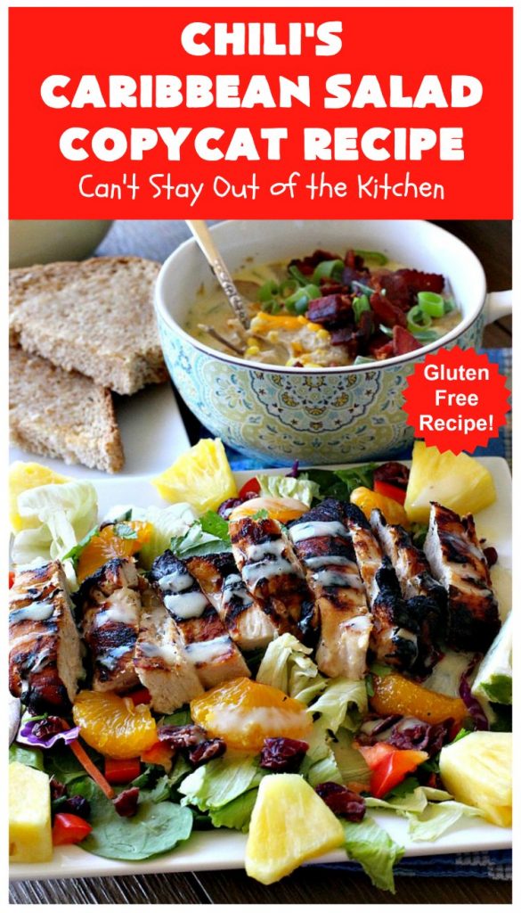 Chili's Caribbean Salad Copycat Recipe with Honey-Lime Dressing | Can't Stay Out of the Kitchen | this is a spectacular #CopyCat #recipe of this favorite #salad. The #SaladDressing is also fantastic. #GlutenFree #chicken #pineapple #MandarinOranges #HoneyLimeDressing #ChilisCaribbeanSalad #ChilisCaribbeanSaladCopycatRecipeWithHoneyLimeDressing