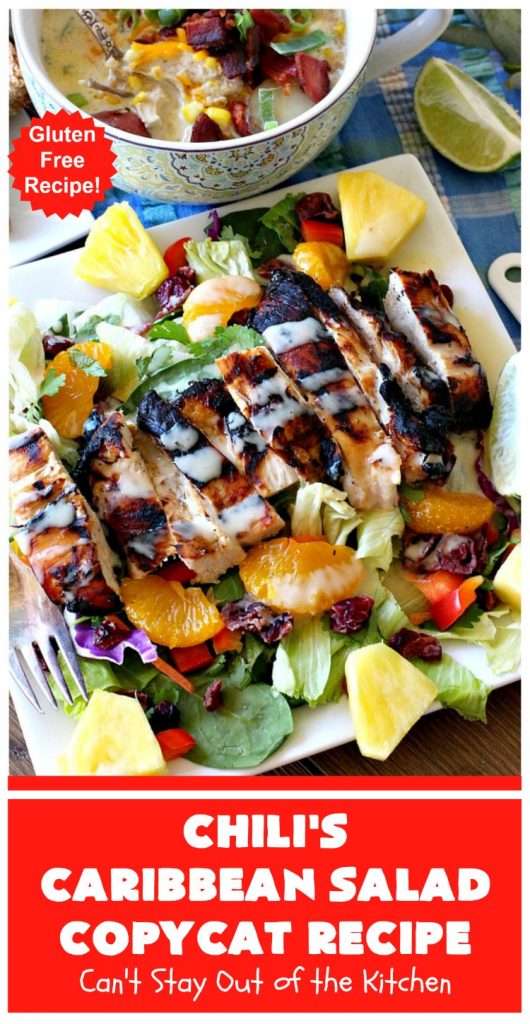Chili's Caribbean Salad Copycat Recipe with Honey-Lime Dressing | Can't Stay Out of the Kitchen | this is a spectacular #CopyCat #recipe of this favorite #salad. The #SaladDressing is also fantastic. #GlutenFree #chicken #pineapple #MandarinOranges #HoneyLimeDressing #ChilisCaribbeanSalad #ChilisCaribbeanSaladCopycatRecipeWithHoneyLimeDressing