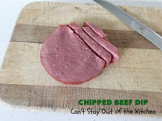 Chipped Beef Dip | Can't Stay Out of the Kitchen | this #Keto-friendly #appetizer is marvelous for #tailgating parties & potlucks. It's also great for sporting events like the #SuperBowl, #MarchMadness, #NBAFinals or the #StanleyCupFinals! It's quick & easy to toss together & is served at room temperature. This 5-ingredient #recipe is wonderful on crackers or Bagel Chips or served with fresh veggies. #GlutenFree #ChippedBeefDip