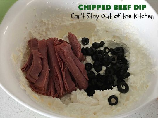 Chipped Beef Dip | Can't Stay Out of the Kitchen | this #Keto-friendly #appetizer is marvelous for #tailgating parties & potlucks. It's also great for sporting events like the #SuperBowl, #MarchMadness, #NBAFinals or the #StanleyCupFinals! It's quick & easy to toss together & is served at room temperature. This 5-ingredient #recipe is wonderful on crackers or Bagel Chips or served with fresh veggies. #GlutenFree #ChippedBeefDip