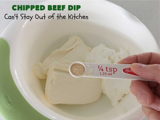 Chipped Beef Dip | Can't Stay Out of the Kitchen | this #Keto-friendly #appetizer is marvelous for #tailgating parties & potlucks. It's also great for sporting events like the #SuperBowl, #MarchMadness, #NBAFinals or the #StanleyCupFinals! It's quick & easy to toss together & is served at room temperature. This 5-ingredient #recipe is wonderful on crackers or Bagel Chips or served with fresh veggies. #GlutenFree #ChippedBeefDip