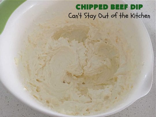 Chipped Beef Dip | Can't Stay Out of the Kitchen | this #Keto-friendly #appetizer is marvelous for #tailgating parties & potlucks. It's also great for sporting events like the #SuperBowl, #MarchMadness, #NBAFinals or the #StanleyCupFinals! It's quick & easy to toss together & is served at room temperature. This 5-ingredient #recipe is wonderful on crackers or Bagel Chips or served with fresh veggies. #GlutenFree #ChippedBeefDip