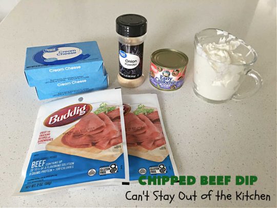Chipped Beef Dip | Can't Stay Out of the Kitchen | this #Keto-friendly #appetizer is marvelous for #tailgating parties & potlucks. It's also great for sporting events like the #SuperBowl, #MarchMadness, #NBAFinals or the #StanleyCupFinals! It's quick & easy to toss together & is served at room temperature. This 5-ingredient #recipe is wonderful on crackers or Bagel Chips or served with fresh veggies. #GlutenFree #ChippedBeefDip
