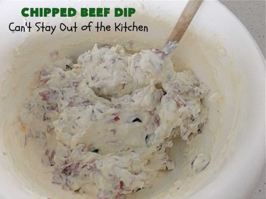 Chipped Beef Dip | Can't Stay Out of the Kitchen | this #Keto-friendly #appetizer is marvelous for #tailgating parties & potlucks. It's also great for sporting events like the #SuperBowl, #MarchMadness, #NBAFinals or the #StanleyCupFinals! It's quick & easy to toss together & is served at room temperature. This 5-ingredient #recipe is wonderful on crackers or Bagel Chips or served with fresh veggies. #GlutenFree #ChippedBeefDip