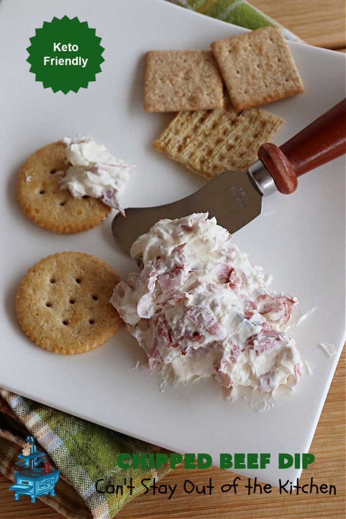 Chipped Beef Dip | Can't Stay Out of the Kitchen | this #Keto-friendly #appetizer is marvelous for #tailgating parties & potlucks. It's also great for sporting events like the #SuperBowl, #MarchMadness, #NBAFinals or the #StanleyCupFinals! It's quick & easy to toss together & is served at room temperature. This 5-ingredient #recipe is wonderful on crackers or Bagel Chips or served with fresh veggies. #GlutenFree #ChippedBeefDip