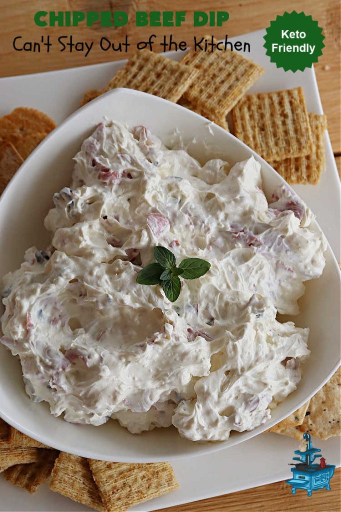 Chipped Beef Dip | Can't Stay Out of the Kitchen | this #Keto-friendly #appetizer is marvelous for #tailgating parties & potlucks. It's also great for sporting events like the #SuperBowl, #MarchMadness, #NBAFinals or the #StanleyCupFinals! It's quick & easy to toss together & is served at room temperature. This 5-ingredient #recipe is wonderful on crackers or Bagel Chips or served with fresh veggies. #GlutenFree #ChippedBeefDip