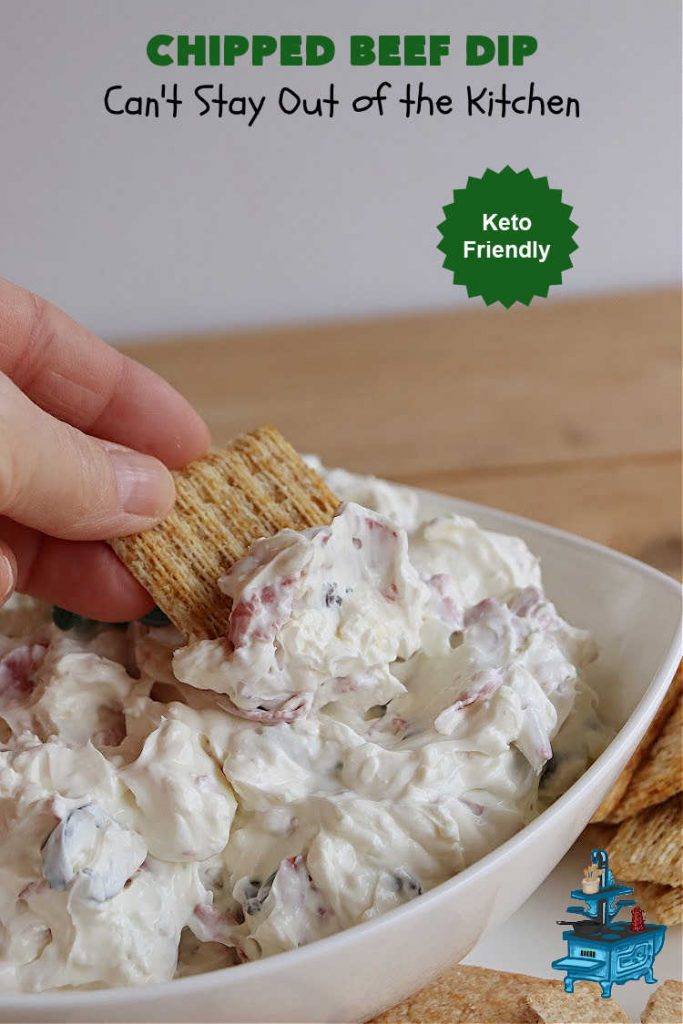 Chipped Beef Dip | Can't Stay Out of the Kitchen | this #Keto-friendly #appetizer is marvelous for #tailgating parties & potlucks. It's also great for sporting events like the #SuperBowl, #MarchMadness, #NBAFinals or the #StanleyCupFinals! It's quick & easy to toss together & is served at room temperature. This 5-ingredient #recipe is wonderful on crackers or Bagel Chips or served with fresh veggies. #GlutenFree #ChippedBeefDip