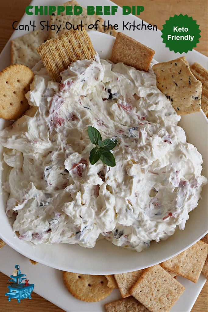 Chipped Beef Dip | Can't Stay Out of the Kitchen | this #Keto-friendly #appetizer is marvelous for #tailgating parties & potlucks. It's also great for sporting events like the #SuperBowl, #MarchMadness, #NBAFinals or the #StanleyCupFinals! It's quick & easy to toss together & is served at room temperature. This 5-ingredient #recipe is wonderful on crackers or Bagel Chips or served with fresh veggies. #GlutenFree #ChippedBeefDip