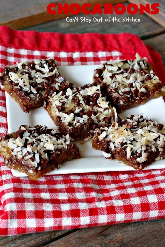 Chocaroons | Can't Stay Out of the Kitchen | these #chocolate & #coconut #brownies will have you drooling after the first bite! So quick & easy, you can have these ready to eat in 30 minutes! Great for #tailgating or #holiday parties. #dessert