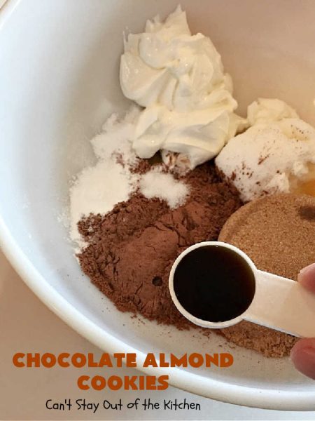 Chocolate Almond Cookies | Can't Stay Out of the Kitchen | these #cookies are divine! Heavenly combination of #chocolate & #almonds in cookie and frosting. #dessert #ChocolateDessert #ChocolateAlmondCookies #holiday #HolidayBaking