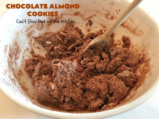 Chocolate Almond Cookies | Can't Stay Out of the Kitchen | these #cookies are divine! Heavenly combination of #chocolate & #almonds in cookie and frosting. #dessert #ChocolateDessert #ChocolateAlmondCookies #holiday #HolidayBaking