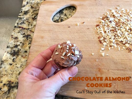 Chocolate Almond Cookies | Can't Stay Out of the Kitchen | these #cookies are divine! Heavenly combination of #chocolate & #almonds in cookie and frosting. #dessert #ChocolateDessert #ChocolateAlmondCookies #holiday #HolidayBaking