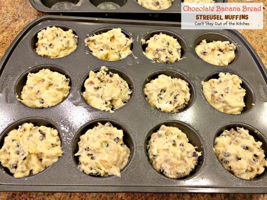 Chocolate Banana Bread Streusel Muffins | Can't Stay Out of the Kitchen | some of the richest, most scrumptious #muffins you'll ever eat. Great for a #holiday #breakfast. These are loaded with #bananas #chocolatechips #pecans. 