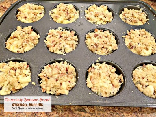 Chocolate Banana Bread Streusel Muffins | Can't Stay Out of the Kitchen | some of the richest, most scrumptious #muffins you'll ever eat. Great for a #holiday #breakfast. These are loaded with #bananas #chocolatechips #pecans. 