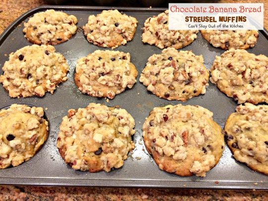 Chocolate Banana Bread Streusel Muffins | Can't Stay Out of the Kitchen | some of the richest, most scrumptious #muffins you'll ever eat. Great for a #holiday #breakfast. These are loaded with #bananas #chocolatechips #pecans. 