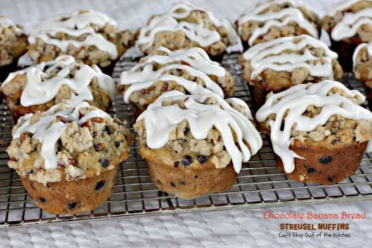 Chocolate Banana Bread Streusel Muffins | Can't Stay Out of the Kitchen | some of the richest, most scrumptious #muffins you'll ever eat. Great for a #holiday #breakfast. These are loaded with #bananas #chocolatechips #pecans. 