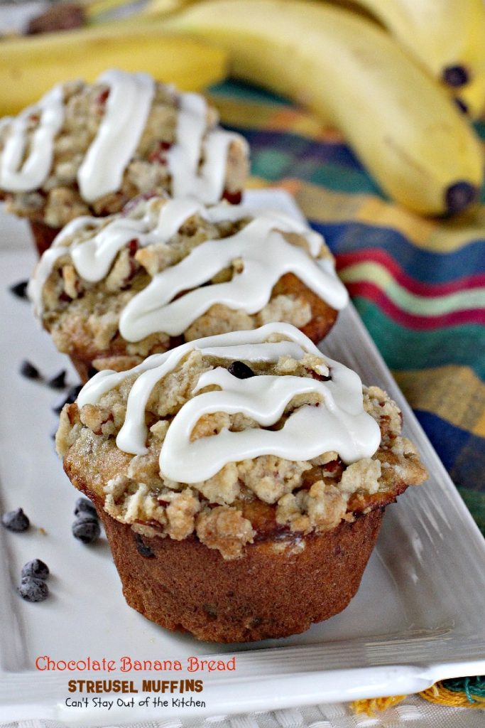 Chocolate Banana Bread Streusel Muffins | Can't Stay Out of the Kitchen | some of the richest, most scrumptious #muffins you'll ever eat. Great for a #holiday #breakfast. These are loaded with #bananas #chocolatechips #pecans. 