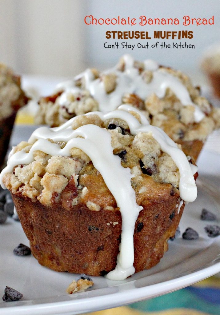 Chocolate Banana Bread Streusel Muffins | Can't Stay Out of the Kitchen | some of the richest, most scrumptious #muffins you'll ever eat. Great for a #holiday #breakfast. These are loaded with #bananas #chocolatechips #pecans. 