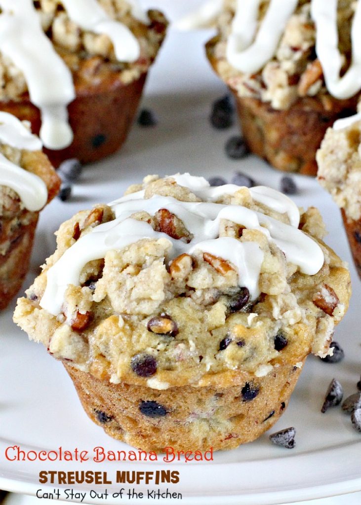 Chocolate Banana Bread Streusel Muffins | Can't Stay Out of the Kitchen | some of the richest, most scrumptious #muffins you'll ever eat. Great for a #holiday #breakfast. These are loaded with #bananas #chocolatechips #pecans. 
