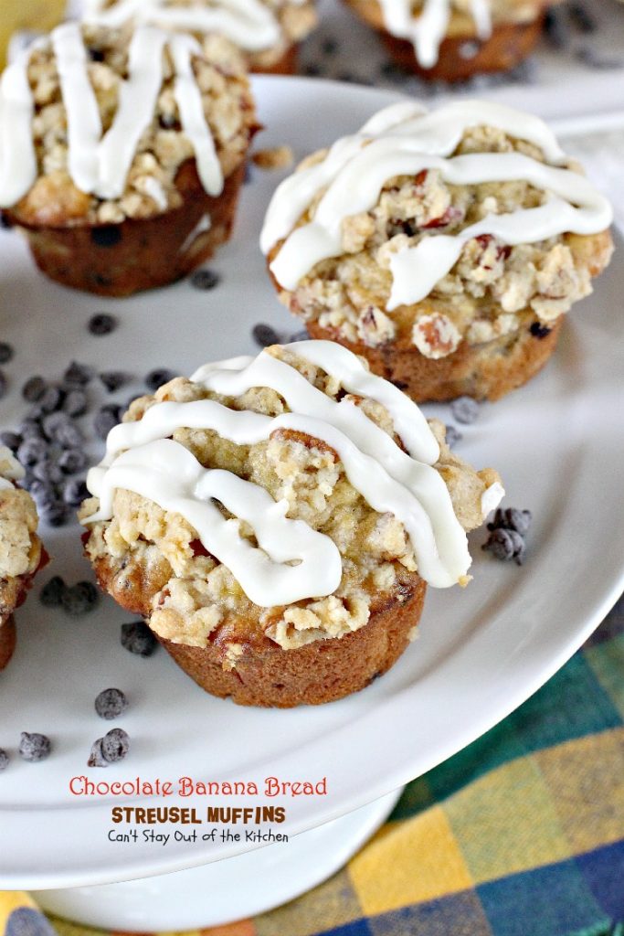 Chocolate Banana Bread Streusel Muffins | Can't Stay Out of the Kitchen | some of the richest, most scrumptious #muffins you'll ever eat. Great for a #holiday #breakfast. These are loaded with #bananas #chocolatechips #pecans. 