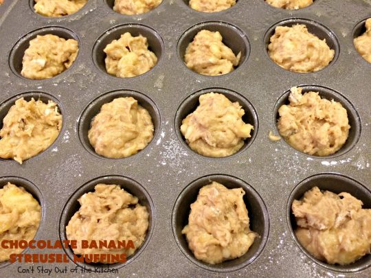 Chocolate Banana Streusel Muffins | Can't Stay Out of the Kitchen | these delicious #muffins are irresistible. They're filled with #bananas & topped with a streusel made from miniature #ChocolateChips & brown sugar. Once the muffins bake, the top turns to #toffee! So mouthwatering. #breakfast #chocolate #HolidayBreakfast #Easter #MothersDay #EasterBreakfast #MothersDayBreakfast #ChocolateMuffins #BananaMuffins #ToffeeMuffins