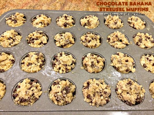 Chocolate Banana Streusel Muffins | Can't Stay Out of the Kitchen | these delicious #muffins are irresistible. They're filled with #bananas & topped with a streusel made from miniature #ChocolateChips & brown sugar. Once the muffins bake, the top turns to #toffee! So mouthwatering. #breakfast #chocolate #HolidayBreakfast #Easter #MothersDay #EasterBreakfast #MothersDayBreakfast #ChocolateMuffins #BananaMuffins #ToffeeMuffins