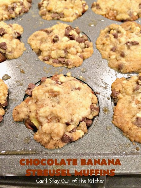 Chocolate Banana Streusel Muffins | Can't Stay Out of the Kitchen | these delicious #muffins are irresistible. They're filled with #bananas & topped with a streusel made from miniature #ChocolateChips & brown sugar. Once the muffins bake, the top turns to #toffee! So mouthwatering. #breakfast #chocolate #HolidayBreakfast #Easter #MothersDay #EasterBreakfast #MothersDayBreakfast #ChocolateMuffins #BananaMuffins #ToffeeMuffins