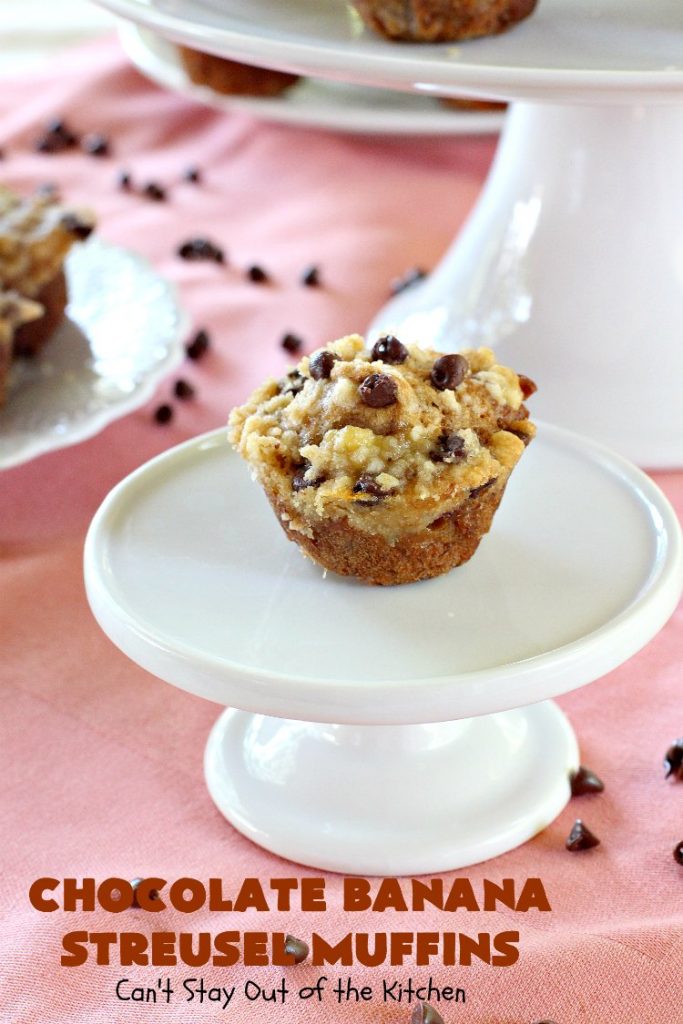 Chocolate Banana Streusel Muffins | Can't Stay Out of the Kitchen | these delicious #muffins are irresistible. They're filled with #bananas & topped with a streusel made from miniature #ChocolateChips & brown sugar. Once the muffins bake, the top turns to #toffee! So mouthwatering. #breakfast #chocolate #HolidayBreakfast #Easter #MothersDay #EasterBreakfast #MothersDayBreakfast #ChocolateMuffins #BananaMuffins #ToffeeMuffins