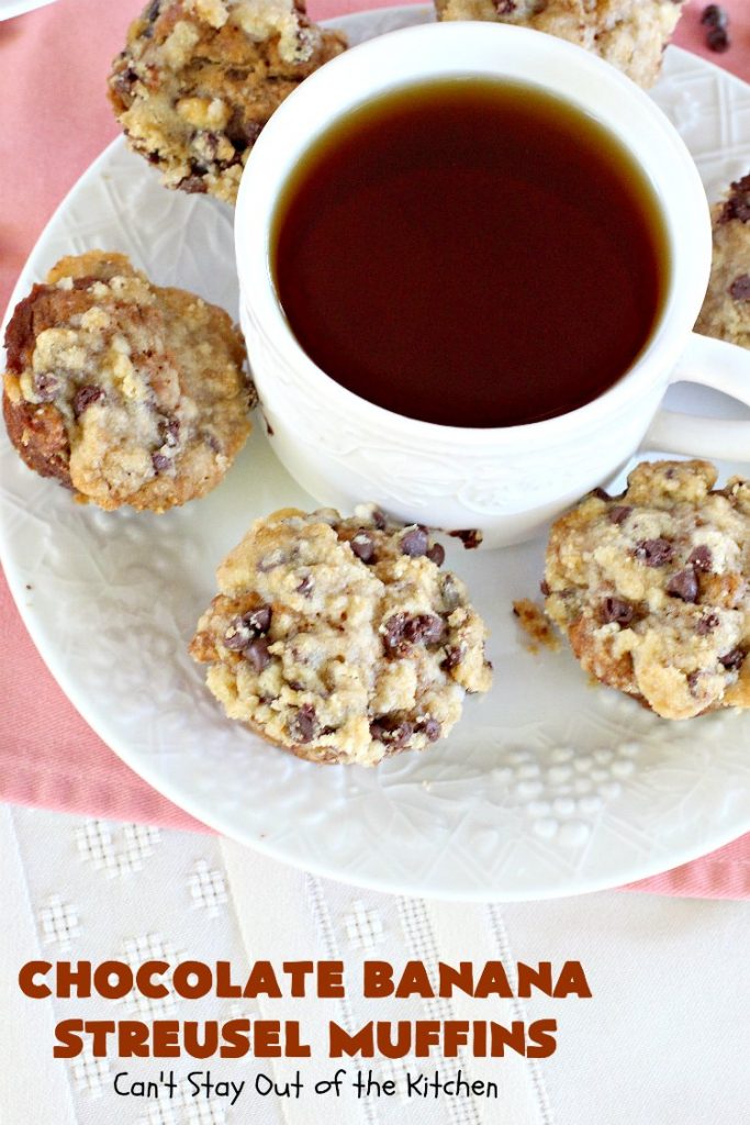 Chocolate Banana Streusel Muffins | Can't Stay Out of the Kitchen | these delicious #muffins are irresistible. They're filled with #bananas & topped with a streusel made from miniature #ChocolateChips & brown sugar. Once the muffins bake, the top turns to #toffee! So mouthwatering. #breakfast #chocolate #HolidayBreakfast #Easter #MothersDay #EasterBreakfast #MothersDayBreakfast #ChocolateMuffins #BananaMuffins #ToffeeMuffins
