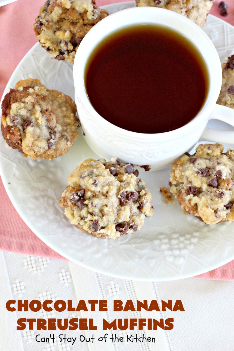 Chocolate Banana Streusel Muffins | Can't Stay Out of the Kitchen | these delicious #muffins are irresistible. They're filled with #bananas & topped with a streusel made from miniature #ChocolateChips & brown sugar. Once the muffins bake, the top turns to #toffee! So mouthwatering. #breakfast #chocolate #HolidayBreakfast #Easter #MothersDay #EasterBreakfast #MothersDayBreakfast #ChocolateMuffins #BananaMuffins #ToffeeMuffins