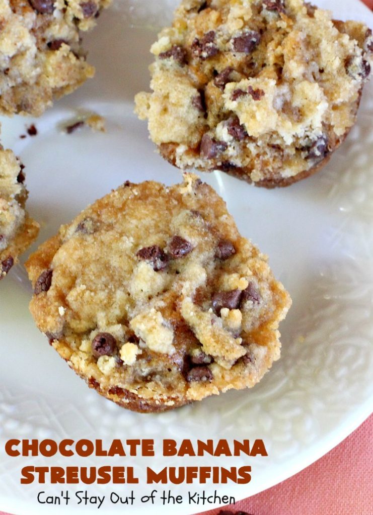 Chocolate Banana Streusel Muffins | Can't Stay Out of the Kitchen | these delicious #muffins are irresistible. They're filled with #bananas & topped with a streusel made from miniature #ChocolateChips & brown sugar. Once the muffins bake, the top turns to #toffee! So mouthwatering. #breakfast #chocolate #HolidayBreakfast #Easter #MothersDay #EasterBreakfast #MothersDayBreakfast #ChocolateMuffins #BananaMuffins #ToffeeMuffins