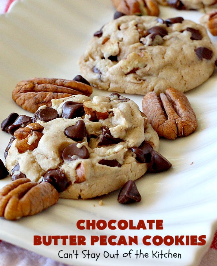 Chocolate Butter Pecan Cookies | Can't Stay Out of the Kitchen | these 5-ingredient #cookies are absolutely irresistible! They're made with #pecans, #ButterPecan #CakeMix & loads of #ChocolateChips. Every bite is rich, decadent & heavenly. #tailgating #dessert #ButterPecanDessert #ChocolateDessert #chocolate #ChristmasCookieExchange #ChocolateButterPecanCookies #baking #ChocolateChipCookies #Holiday #HolidayBaking